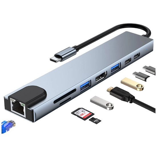 Picture of Type-C to HDTV Docking 8in1 HUB, 8 in 1 USB C Adapter with 4K HDMI, 100W PD, USB C Port, USB 3.0, RJ45 Ethernet, SD/TF Card Reader & More