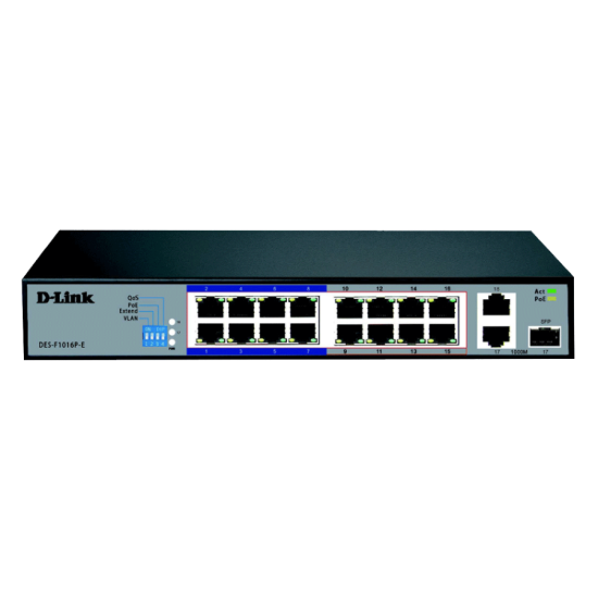 صورة D-Link DES-F1016P-E 16-Port 10/100 Long Range PoE+ Surveillance Switch