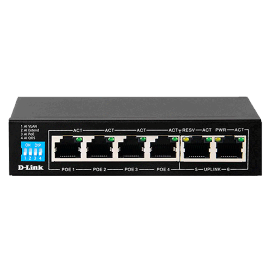 صورة D-Link DES-F1006P-E/B 6-Port 10/100 Switch with 4 PoE Ports and 2 Uplink Ports UK Plug