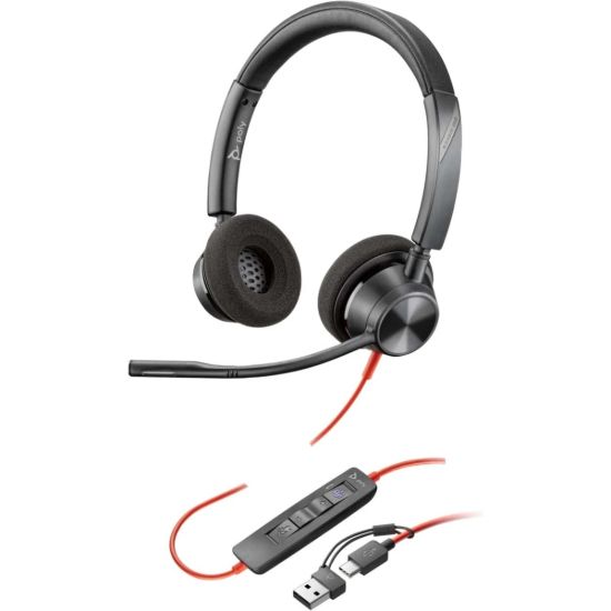 Picture of Poly Blackwire 3320 Wired Dual-Ear Boom Mic USB-C Headset + USB-C/A Adapter Noise-Canceling Mic