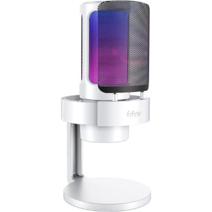 صورة Fifine Ampligame A8 Usb Mic With Controllable Rgb, Live Monitoring, Input Dial, Pop Filter For Streaming - White