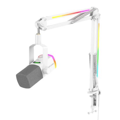 صورة FIFINE AmpliGame AM8PROT USB/XLR Dynamic Microphone Kit with RGB Boom Arm Stand - White