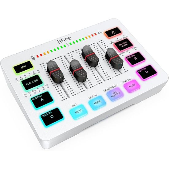 Picture of Fifine Ampligame SC3 Gaming Usb Mixer With Xlr/headset Input, Monitoring, Line In/out, Faders, Mute/voice Effect/sample - White
