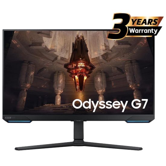 صورة شاشة قيمنق سامسونج Odyssey G7 (BG702) المسطحة الذكية Tizen بإضاءة RGB مقاس 28 بوصة - IPS، دقة 4K UHD، 144Hz، 1ms (GTG)، 10-بت، HDR10+، تغطية ألوان 90% DCI، منفذ HDMI 2.1، متوافقة مع G-Sync، حامل مريح، سماعات