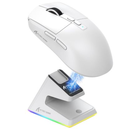 صورة ماوس قيمنق لاسلكي ثلاثي الأوضاع ATTACK SHARK V3 PRO - أبيض، مع قاعدة شحن بإضاءة RGB