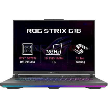 صورة لابتوب قيمنق أسوس ROG Strix G16 (2025) G614PR - معالج AMD Ryzen 9 8940HX الجيل التاسع (16 نواة)، كرت شاشة NVIDIA RTX 5070 Ti بذاكرة 12GB GDDR7، شاشة 16 بوصة WUXGA IPS بمعدل تحديث 165Hz، لون رمادي