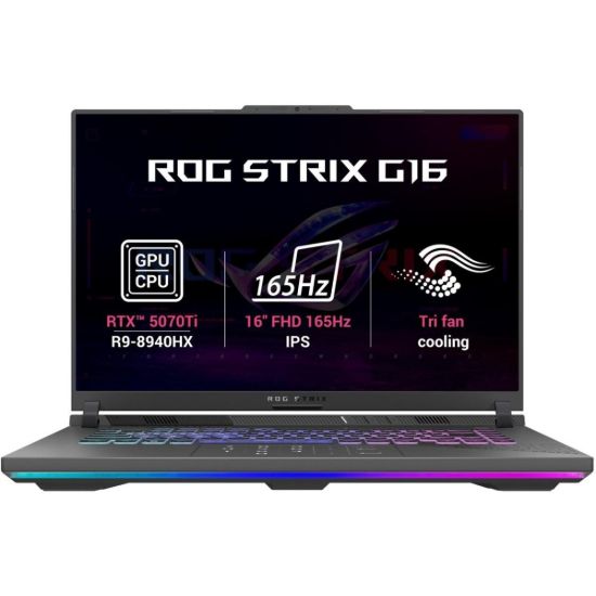 صورة لابتوب قيمنق أسوس ROG Strix G16 (2025) G614PR - معالج AMD Ryzen 9 8940HX الجيل التاسع (16 نواة)، كرت شاشة NVIDIA RTX 5070 Ti بذاكرة 12GB GDDR7، شاشة 16 بوصة WUXGA IPS بمعدل تحديث 165Hz، لون رمادي
