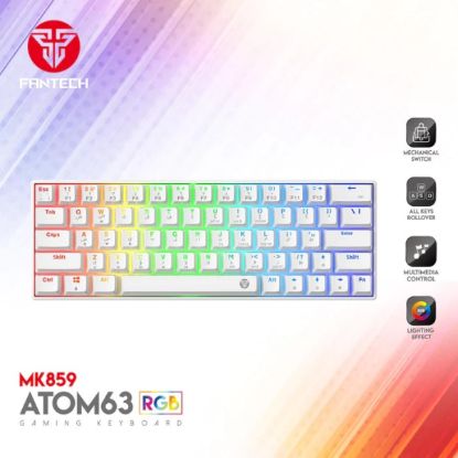صورة لوحة مفاتيح قيمنق ميكانيكية FANTECH ATOM63 MK859 سلكية بإضاءة RGB بمقاس 60% معيارية - كابل Type-C قابل للفصل، مفاتيح حمراء، لون أبيض (لوحة عربية)