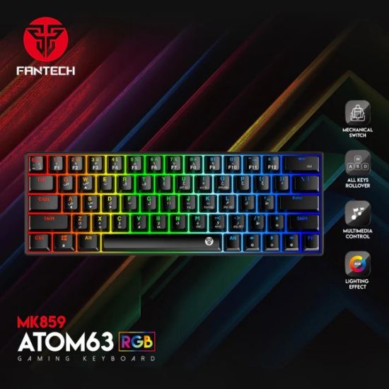 صورة لوحة مفاتيح قيمنق ميكانيكية FANTECH ATOM63 MK859 سلكية بإضاءة RGB بمقاس 60% معيارية - كابل Type-C قابل للفصل، مفاتيح حمراء، لون أسود (لوحة عربية)