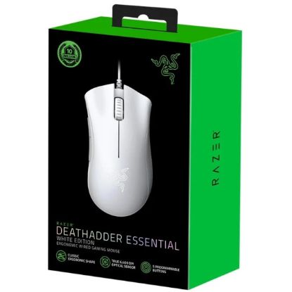 صورة ماوس قيمنق سلكي Razer DeathAdder Essential - أبيض، حساس بصري بدقة 6400 DPI، 5 أزرار قابلة للبرمجة، مفاتيح ميكانيكية، مقابض جانبية مطاطية