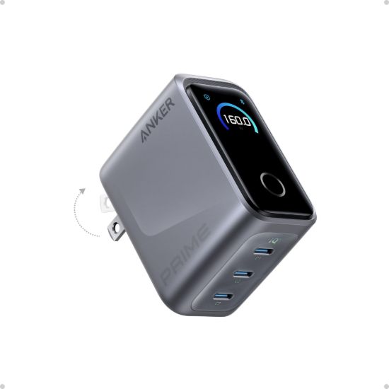 صورة شاحن Anker Prime 160W GaN بثلاثة منافذ USB-C مع شاشة ذكية - لون أسود