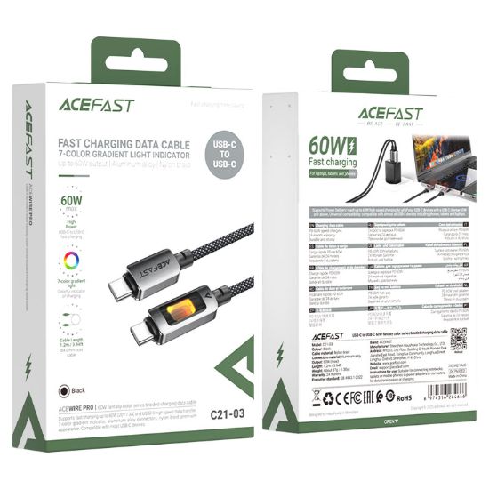 صورة كيبل بيانات ACEFAST C30-03 سيليكون شحن سريع 240 واط من USB-C إلى USB-C - أسود