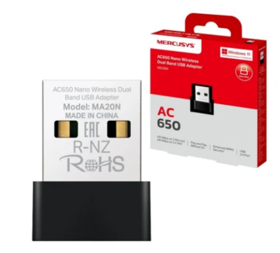صورة محول MERCUSYS MA20N USB واي فاي AC650، محول ثنائي النطاق لأجهزة الكمبيوتر المكتبي واللابتوب، محول لاسلكي نانو صغير، يدعم Windows 10-11، حماية أمان WPA3