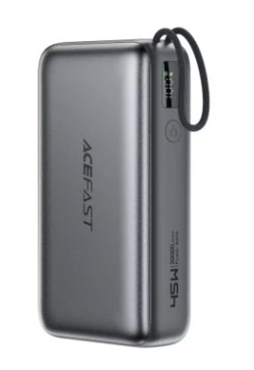 صورة باور بانك ACEFAST M34 بسعة 20000 مللي أمبير وقدرة 45 واط مع كيبل USB-C قابل للسحب - رمادي معدني