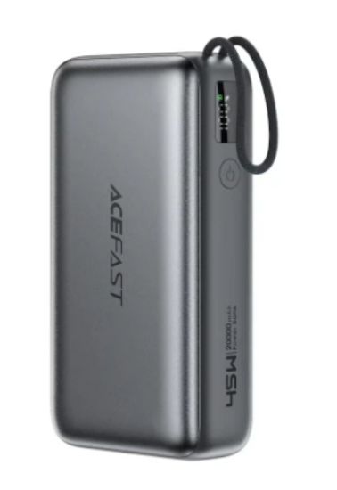 صورة باور بانك ACEFAST M34 بسعة 20000 مللي أمبير وقدرة 45 واط مع كيبل USB-C قابل للسحب - رمادي معدني
