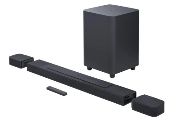 صورة ساوند بار JBL BAR 1000 بنظام 7.1.4 قناة مع سماعات وسبووفر لاسلكي، بلوتوث 5.0 وUSB، واي فاي مع AirPlay، دعم DTS X وMultibeam، قوة صوت 880 واط، منفذ HDMI eARC مع تمرير 4K - أسود