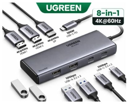 صورة محطة توصيل UGREEN 35625 ثماني المنافذ USB-C مع HDMI مزدوج، DisplayPort وشحن 100 واط PD - رمادي