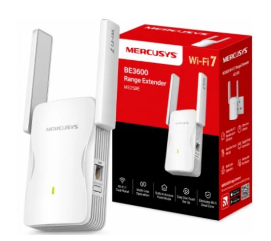 صورة موسع واي فاي MERCUSYS ME25BE بمعيار WiFi 7 طراز BE3600، منفذ جيجابت، وضع موسع ثنائي النطاق ونقطة وصول، هوائيين خارجيين