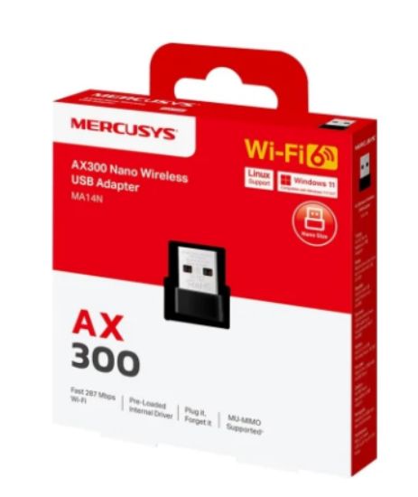صورة محول واي فاي Mercusys MA14N Nano WLAN للكمبيوتر، معيار WiFi 6 طراز AX300، حجم نانو صغير جداً، يدعم MU-MIMO، متوافق مع Windows 11/10/7 وLinux