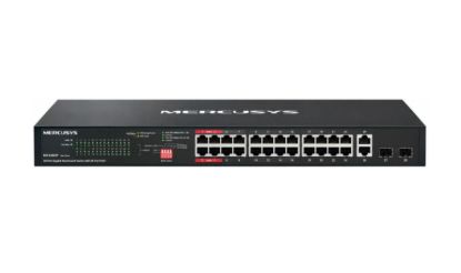 صورة سويتش Mercusys MS128GP بـ28 منفذ جيجابت للتركيب في رف، 24 منفذ PoE+، ميزانية طاقة 295 واط، منفذي Uplink جيجابت، فتحتي SFP، يدعم 802.3af/at، وضع العزل، تشغيل فوري Plug & Play، هيكل معدني