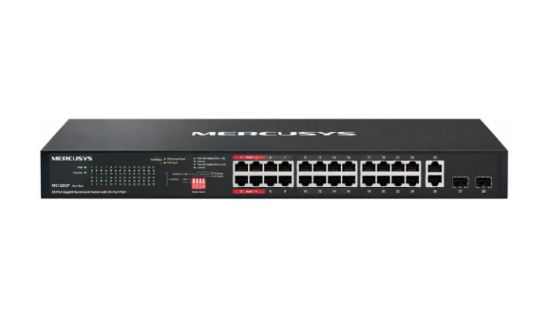 صورة سويتش Mercusys MS128GP بـ28 منفذ جيجابت للتركيب في رف، 24 منفذ PoE+، ميزانية طاقة 295 واط، منفذي Uplink جيجابت، فتحتي SFP، يدعم 802.3af/at، وضع العزل، تشغيل فوري Plug & Play، هيكل معدني