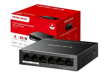 صورة سويتش MERCUSYS MS106GP بـ6 منافذ جيجابت PoE+، 4 منافذ PoE+، ميزانية طاقة إجمالية 65 واط، منفذي Uplink، مدى إرسال PoE حتى 250 متر، استعادة تلقائية لـPoE، وضع العزل