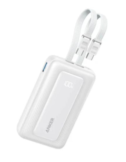 صورة باور بانك Anker Zolo A110L سعة 10000 مللي أمبير وقوة شحن 35 واط مع كيبلي USB-C مدمجين - أبيض