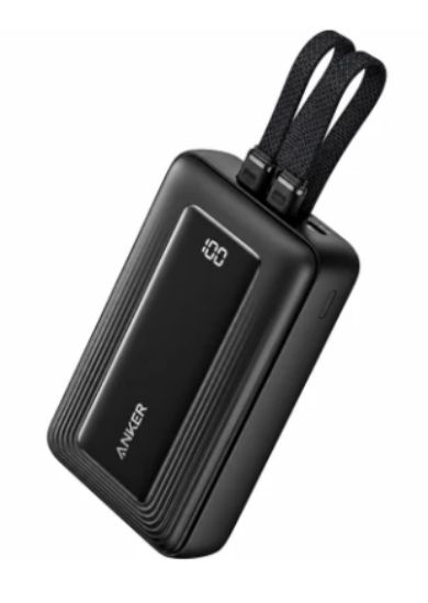 صورة باور بانك Anker Zolo سعة 20000 مللي أمبير وقوة شحن 30 واط مع كيبلات USB-C وLightning مدمجة - أسود